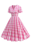 Preto V Neck Plaid Vintage 1950s Vestido