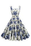 Blue Floral Print Pescoço Quadrado 1950s Vestido Vintage