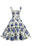Blue Floral Print Pescoço Quadrado 1950s Vestido Vintage