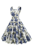 Blue Floral Print Pescoço Quadrado 1950s Vestido Vintage
