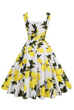 Blue Floral Print Pescoço Quadrado 1950s Vestido Vintage