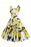 Blue Floral Print Pescoço Quadrado 1950s Vestido Vintage