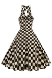 Black Grid Plaid Halter Vestido Vintage Curto dos anos 1950