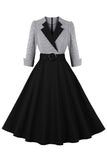 Vestido preto de lapel neck plaid vintage 1950