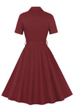 Vestido simples Borgonha Lapel Neck Vintage 1950s