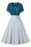 Azul Branco Polka Dots Square Neck Vintage Vestido dos anos 1950