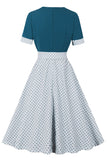 Azul Branco Polka Dots Square Neck Vintage Vestido dos anos 1950