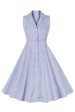 Blue Plaid Lapel Neck Vintage 1950s Vestido