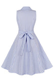 Blue Plaid Lapel Neck Vintage 1950s Vestido