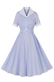 Blue Lapel Neck Plaid Vintage Vestido 1950s