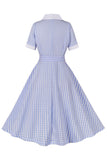 Blue Lapel Neck Plaid Vintage Vestido 1950s