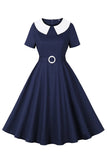 Navy Round Neck Uma Linha Vintage Vestido dos anos 1950