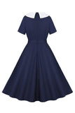 Navy Round Neck Uma Linha Vintage Vestido dos anos 1950