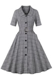 Cinzento xadrez lapela pescoço vintage vestido 1950s