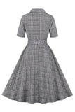 Cinzento xadrez lapela pescoço vintage vestido 1950s