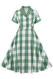 Plaid Green mangas curtas retro 1950s vestido com laços