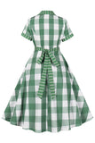 Plaid Green mangas curtas retro 1950s vestido com laços