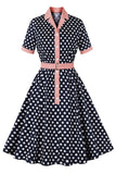 Preto Rosa Polka Dot Pinup 1950s Vestido