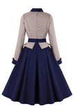 Navy Houndstooth Belted Mangas Longas Vestido dos anos 1950