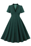 Verde escuro V pescoço único peito 1950s vestido