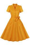 Yellow Ruffled Notched Lapel Belted Bows 1950s Vestido com bolsos