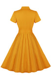 Yellow Ruffled Notched Lapel Belted Bows 1950s Vestido com bolsos