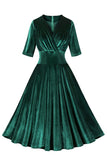 Veludo Verde Escuro V Neck Vestido babado dos anos 1950