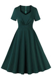 Verde escuro babado mangas curtas vestido dos anos 1950