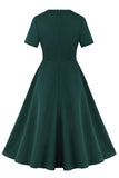 Verde escuro babado mangas curtas vestido dos anos 1950