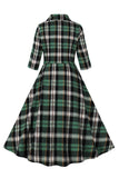 Green Plaid Ruffled vestido de balanço dos anos 1950