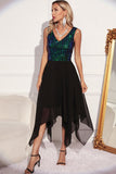 Sparkly Preto Verde V-Neck Tulle Cocktail Dress