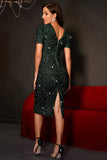 Sparkly Dark Green Tight Sequined Party Dress com mangas curtas