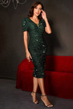 Sparkly Dark Green Tight Sequined Party Dress com mangas curtas