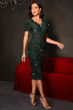 Sparkly Dark Green Tight Sequined Party Dress com mangas curtas