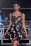 Sparkly A Line Preto Dourado Vestido Floral Homecoming com Sequins