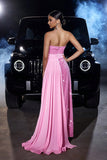 Sparkly Pink Sereia Strapless Sequins Prom Dress com Fenda