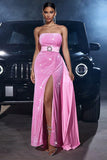 Sparkly Pink Sereia Strapless Sequins Prom Dress com Fenda