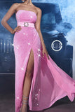 Sparkly Pink Sereia Strapless Sequins Prom Dress com Fenda