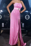 Sparkly Pink Sereia Strapless Sequins Prom Dress com Fenda