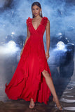 Vestido Longo Vermelho A Line V Neck com Fenda