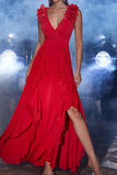 Vestido Longo Vermelho A Line V Neck com Fenda