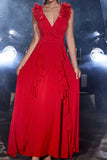 Vestido Longo Vermelho A Line V Neck com Fenda