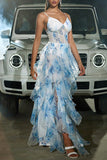 Azul Branco Flor Espartilho Tule Uma Linha V Pescoço Esparguete Correias Long Prom Dress