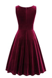 Borgonha Uma Linha V Pescoço Plissado Vestido Vintage Curto Vintage 1950s