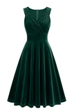 Borgonha Uma Linha V Pescoço Plissado Vestido Vintage Curto Vintage 1950s