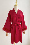 Red Bride Bridesmaid Tea-Length Robe com pena