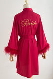 Red Bride Bridesmaid Tea-Length Robe com pena