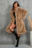 Camel Notched Lapel Long Faux Fur Long Shaggy Women Coat