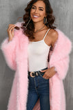 Camel Notched Lapel Long Faux Fur Long Shaggy Women Coat