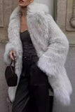 Cinzento Faux Fur Manga Longa Frente Aberta Casaco Longo
